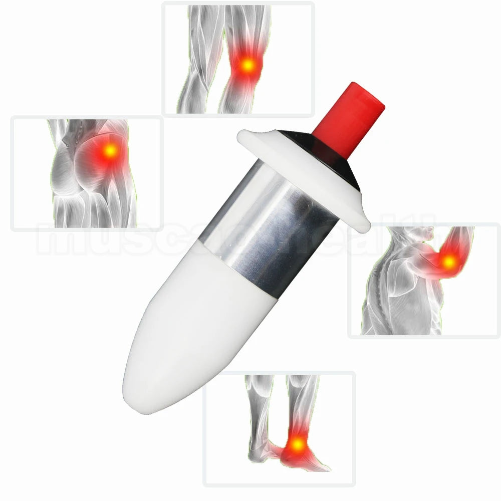 Portable white and silver trigger point muscle massage tool with red tip for targeted deep tissue pain relief at home.