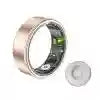 Rose gold smart ring with interior biometric sensors and a matching small circular magnetic charging disc.