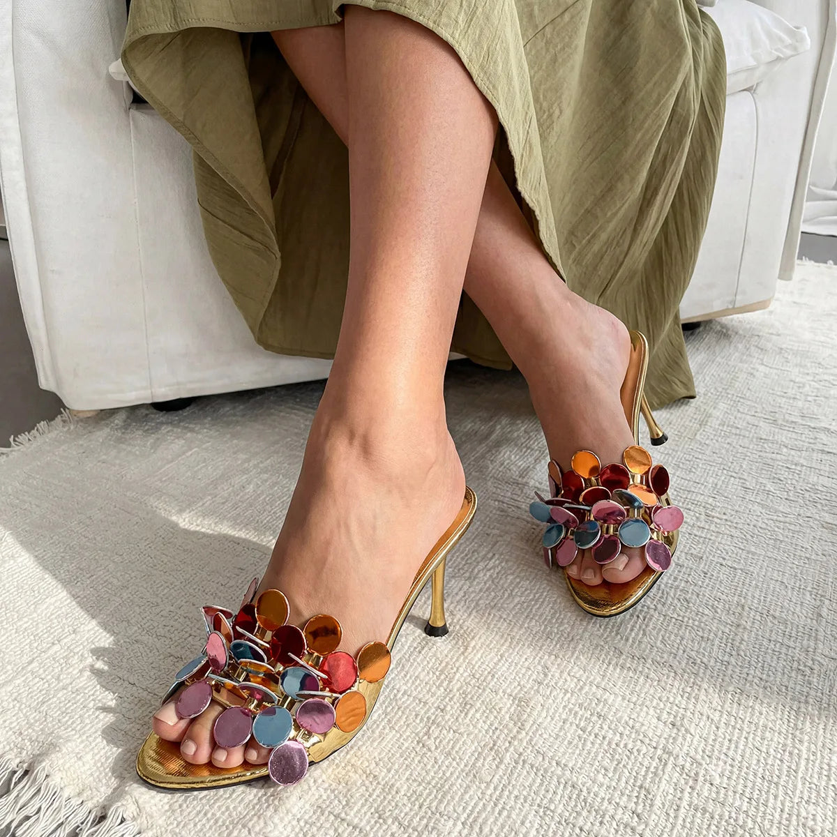 Cross-border Foreign Trade New Flower Patent Leather Stiletto Heel Open Toe Women's Casual Slippers