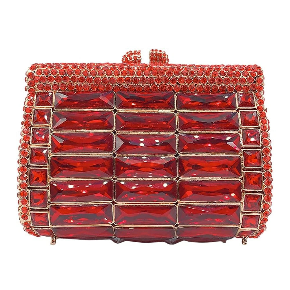 Red crystal evening clutch bag with large rectangular rhinestones and a gold frame for weddings or luxury events.