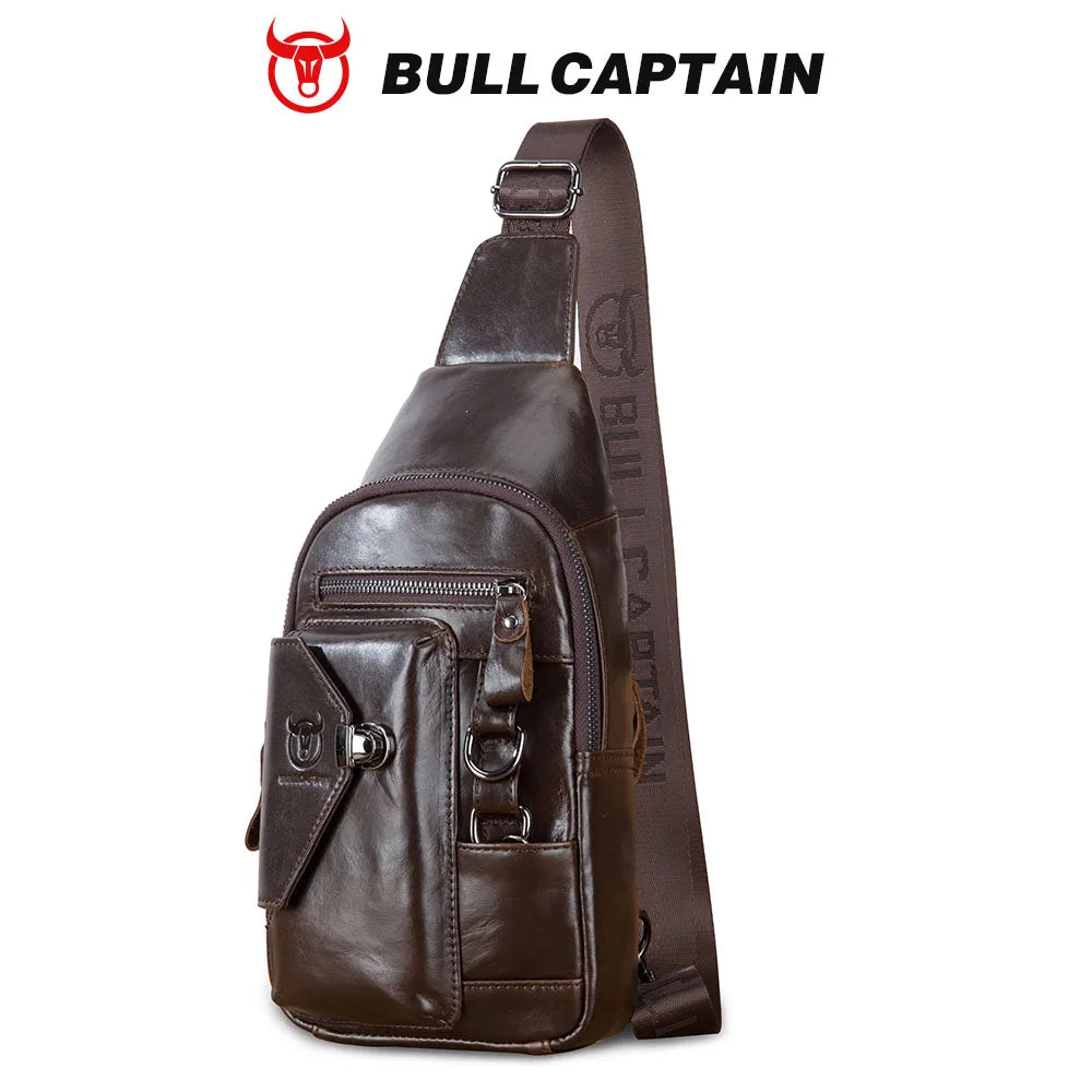 BULLCAPTAIN dark brown genuine leather men's crossbody sling bag with chest strap, front pocket, and metal hardware.