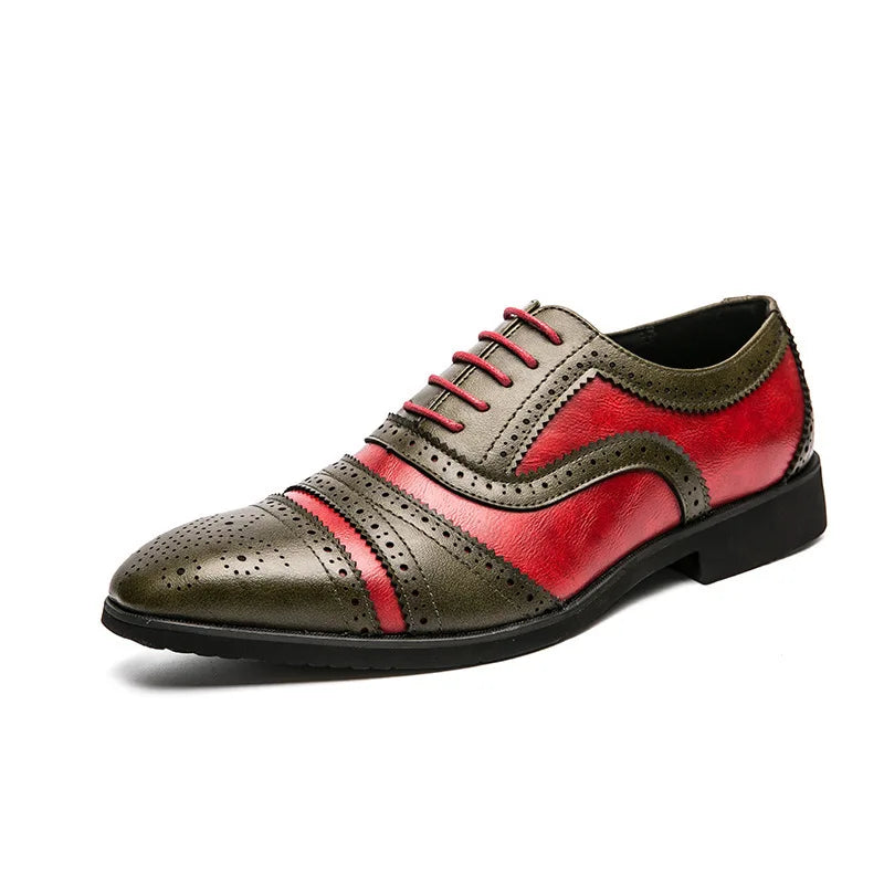 Men's New Pointed Head Double Color Block Carved Leather Shoes Anti-slip Wear-resistant Breathable Office Wedding Dress Shoes