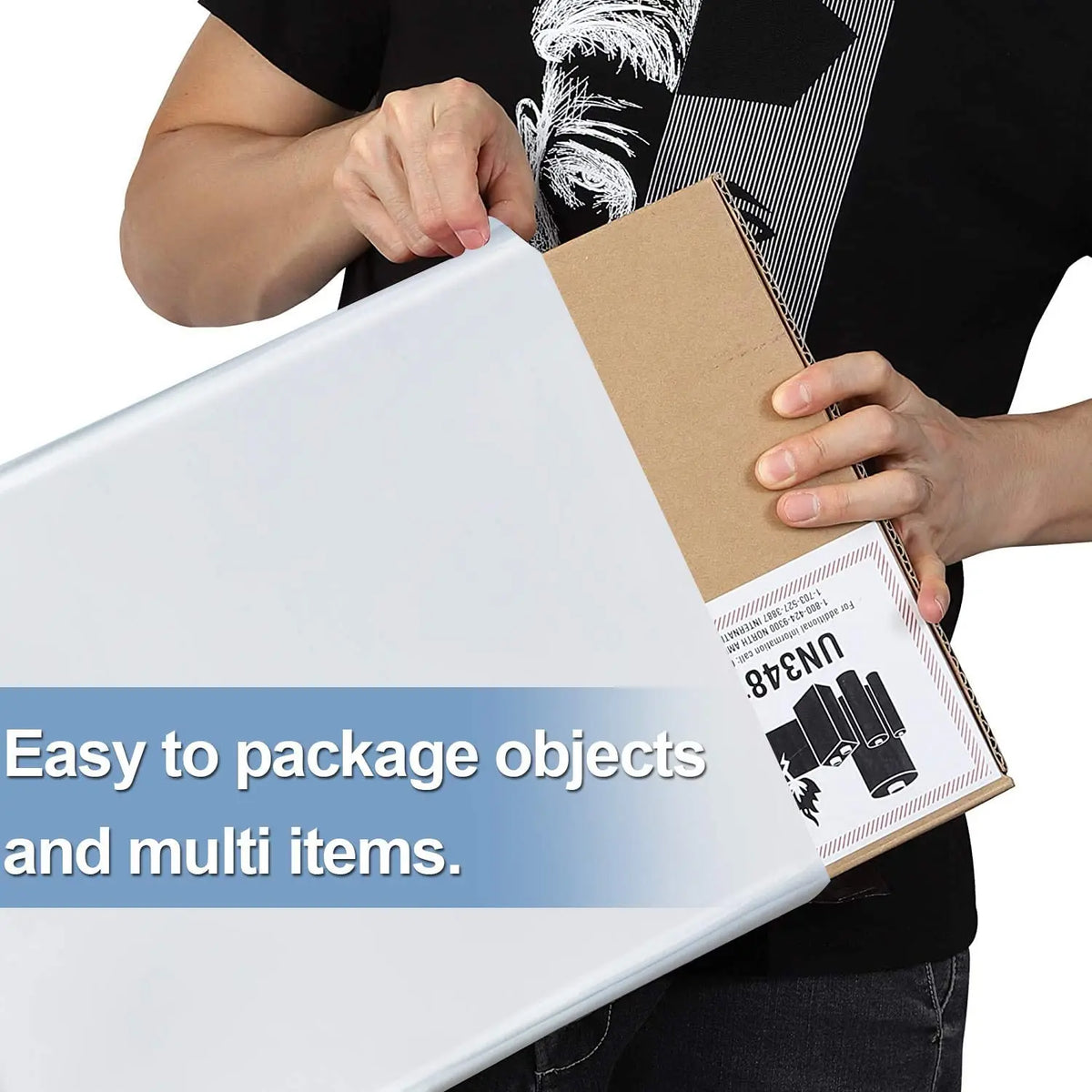 White plastic shipping mailer bag with handle opening in use