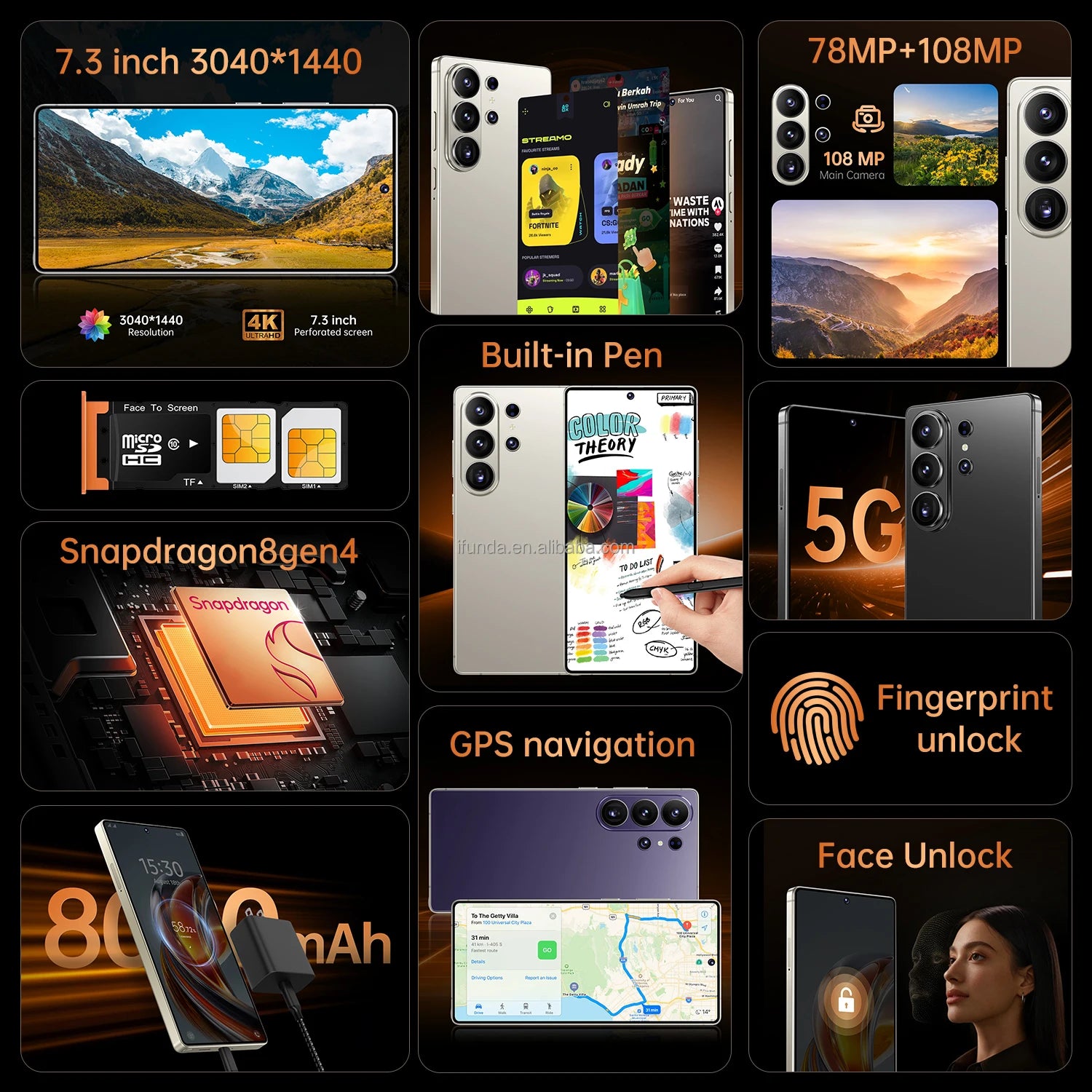 22G+2TB 2026 New Deca Core 5G Smart Phone S26 Ultra Big Screen 7.3 Inch Global CDMA LTE Dual-SIM Dual-standby Built-in Pen 48MP