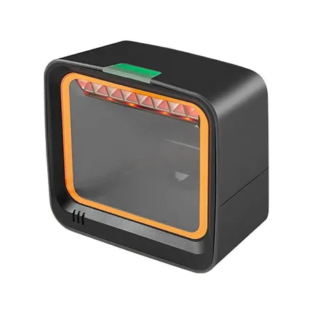 Black desktop scanner with orange-lit scan window and green status bar