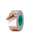Self-adhesive copper foil tape roll with gray backing and green adhesive liner