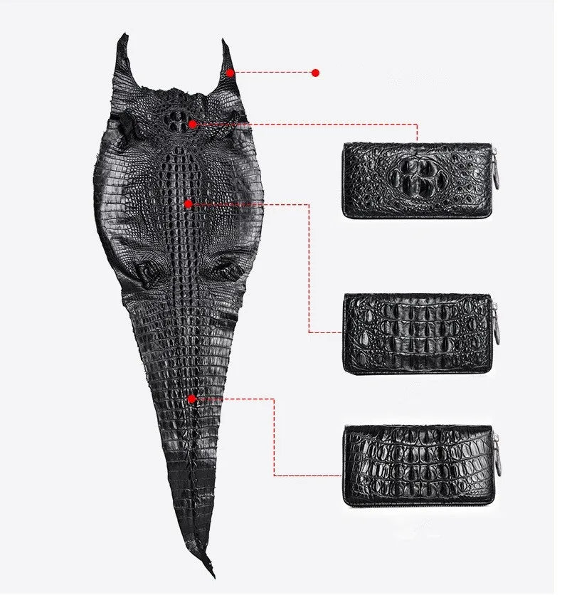 Authentic Crocodile Belly Skin Male Large ZIP Card Purse Genuine Exotic Alligator Leather Businessmen Small Black Clutch Bag