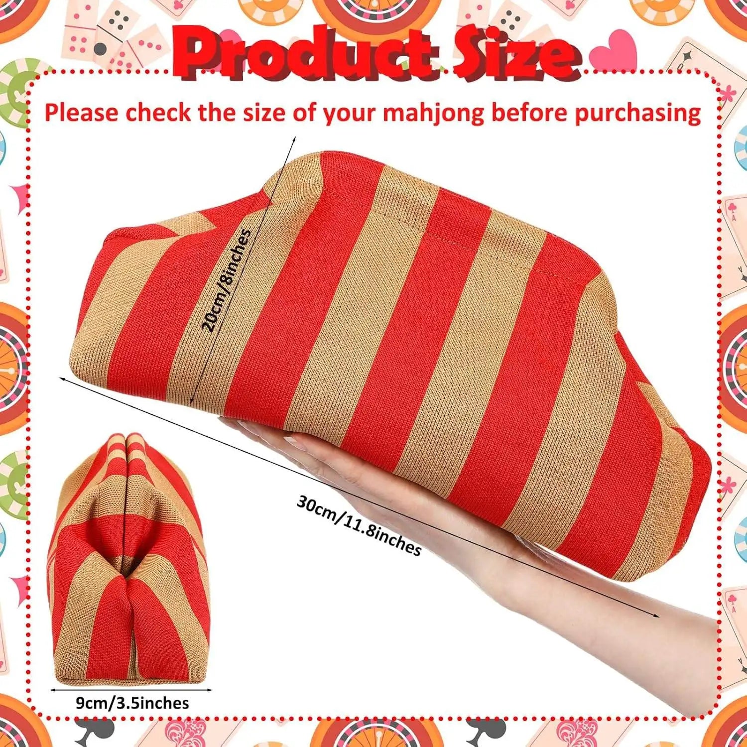 Red and beige striped canvas Mahjong tile storage trunk with 11.8x8x3.5 inch dimensions for portable travel.