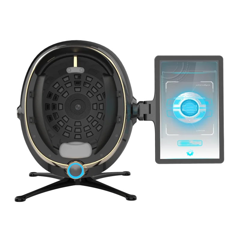 Black 2025 Magic Mirror 3D facial skin analyzer machine with AI digital screen and professional scanning sensor hood.