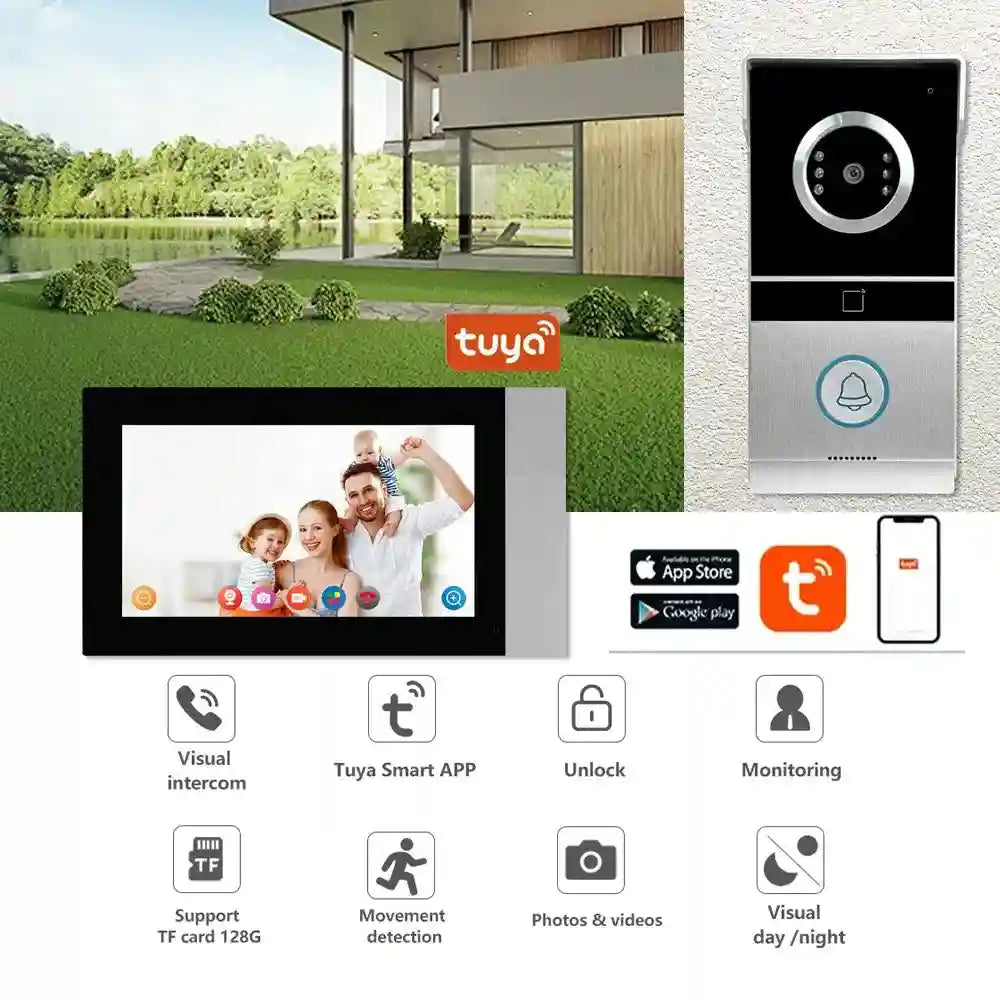 Smart video doorbell system with a silver outdoor camera and indoor monitor for two-way communication and home security.