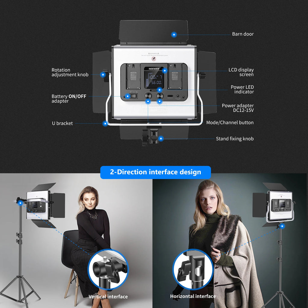 Square LED studio light with barn doors, U-bracket, and LCD screen, mounted on a tripod for professional photography.