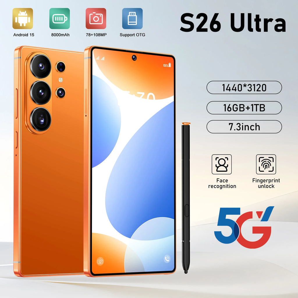 S26 Ultra 5G Smartphone, 22GB RAM, 2TB Storage, 108MP Camera Tidesmit
