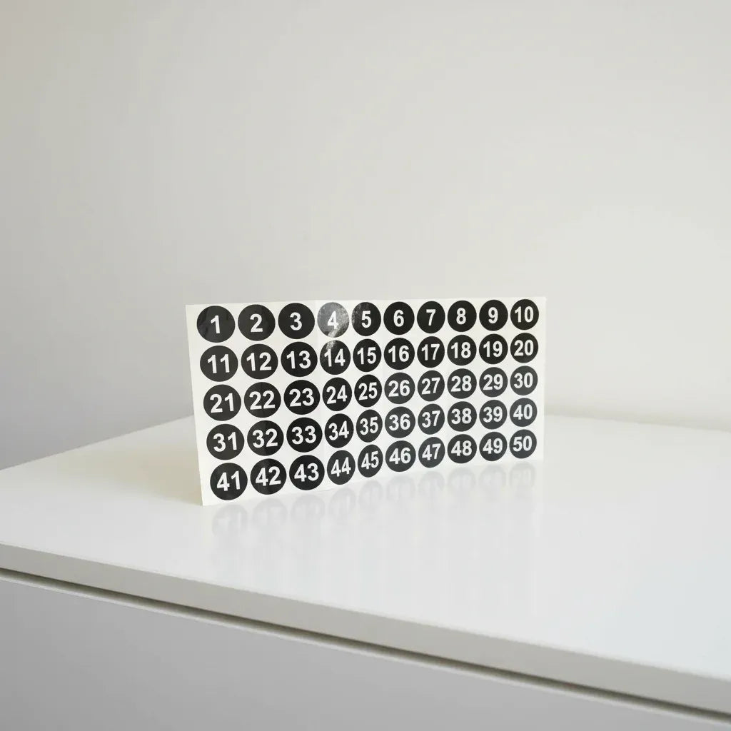 Close-up of self-adhesive 1–50 number sticker sheet, black circles with white digits