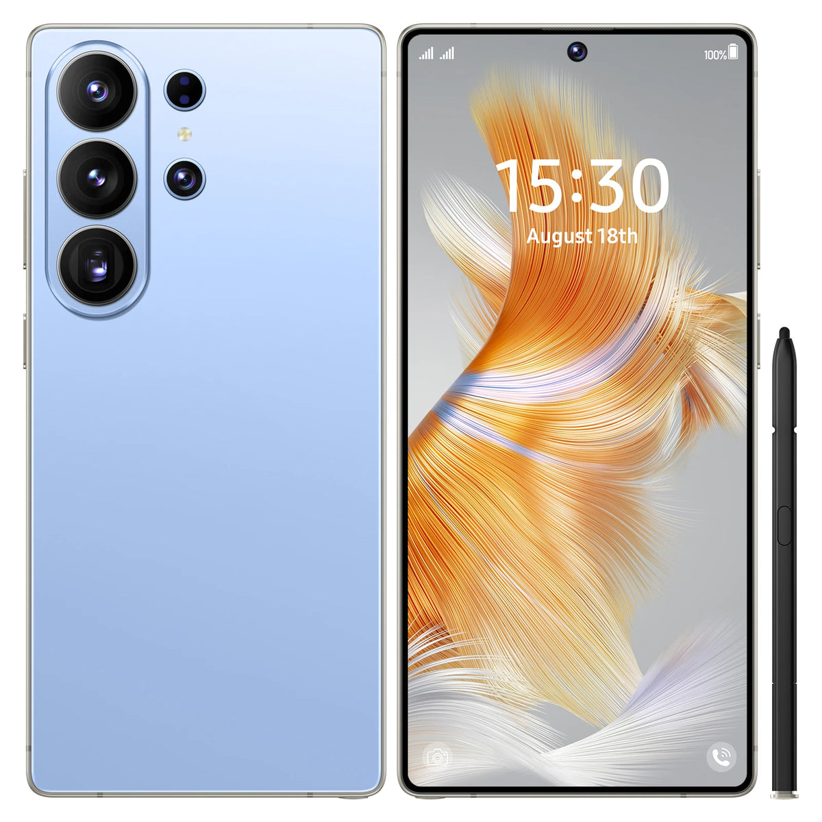 Blue smartphone with triple rear cameras and front display, with side button and included stylus.