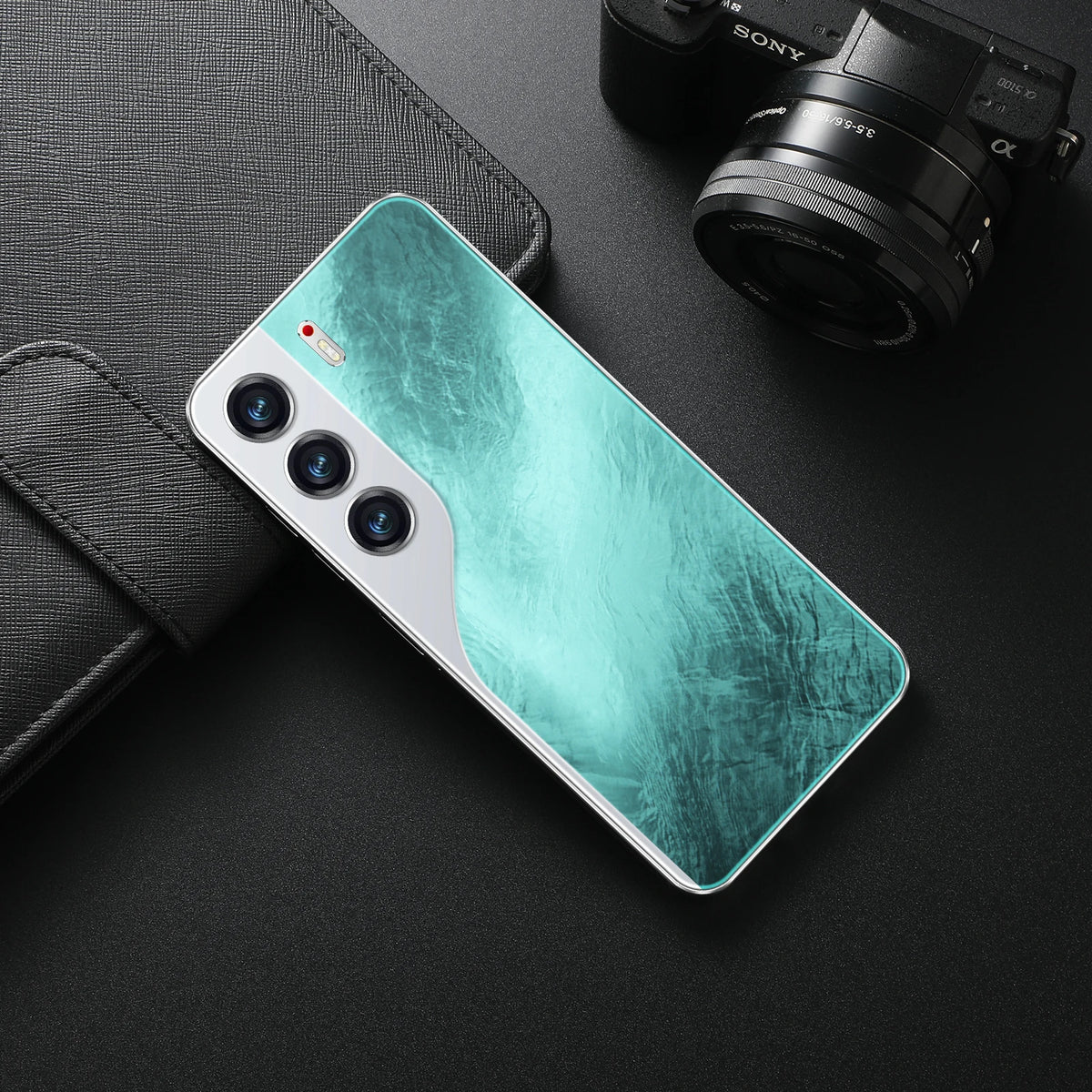Green curved AMOLED smartphone with triple rear cameras and slim metal frame