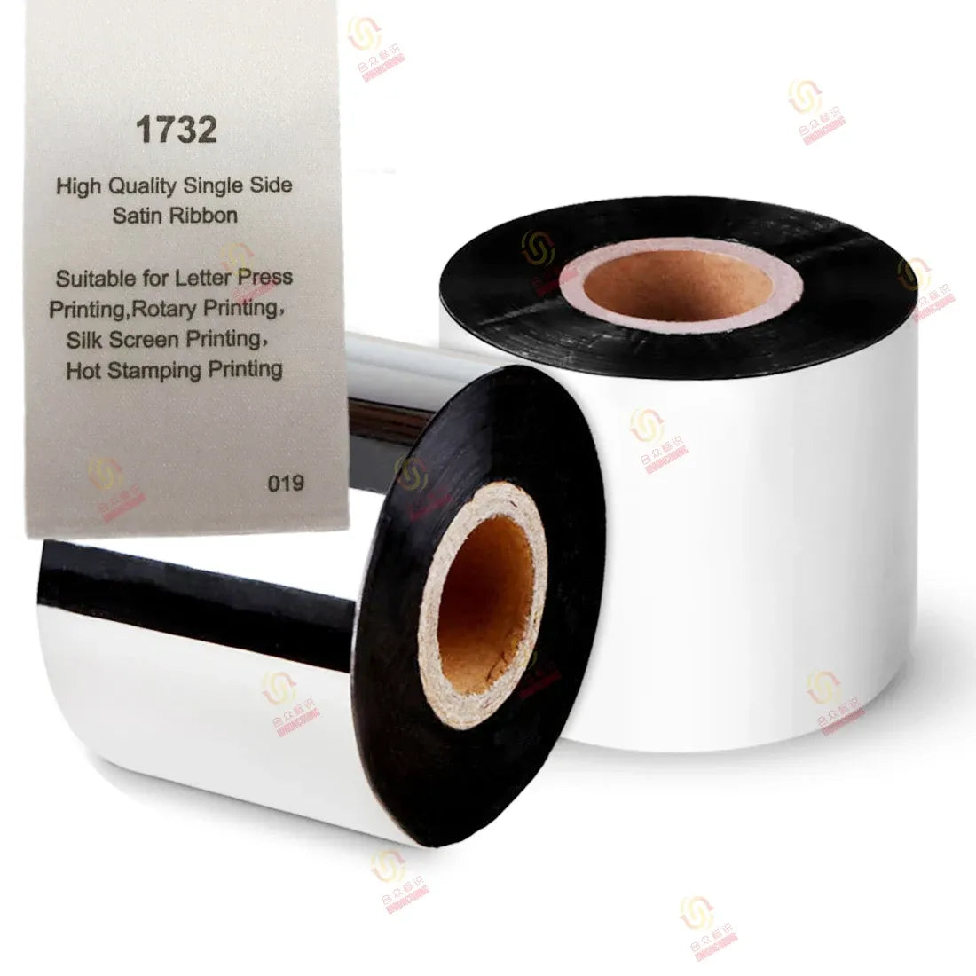 Black satin thermal transfer ribbon spool, single-side label and core