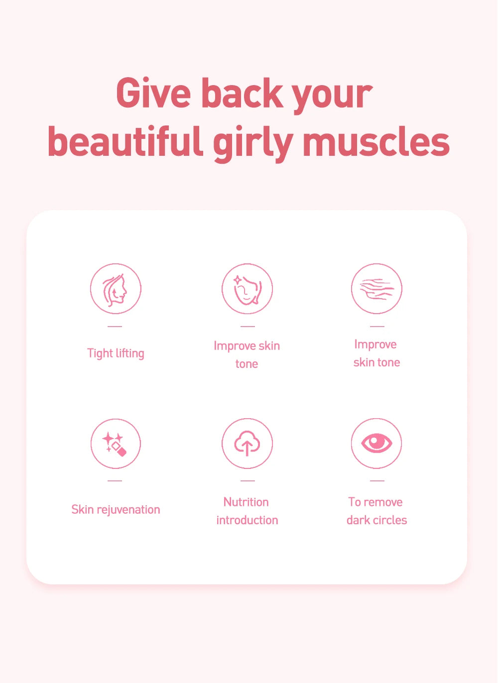 Pink infographic showing six circular icons for a facial treatment device, illustrating benefits like lifting and glow.