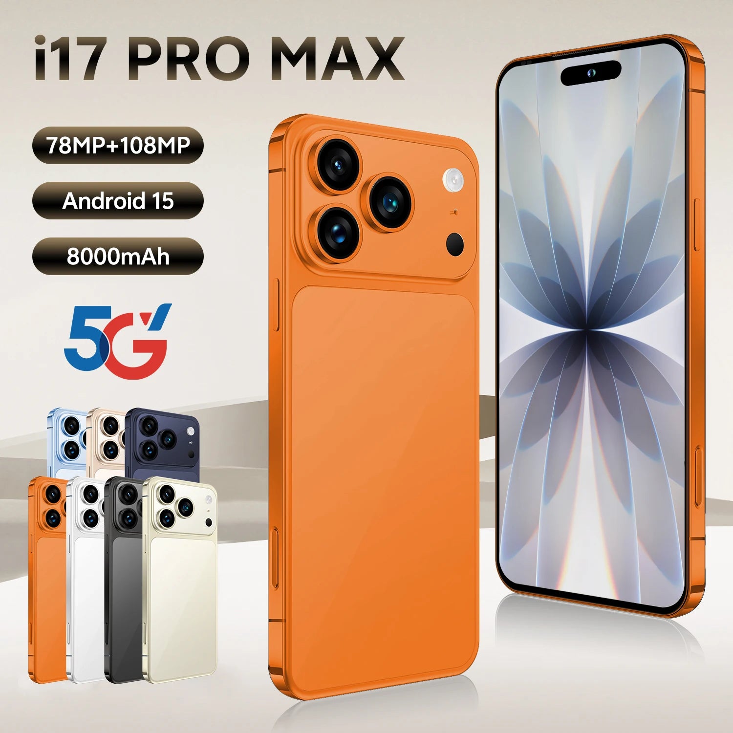 I17 Pro Max 5G Smartphone 1TB 16GB RAM AMOLED Display Orange 16g 1TB Tidesmit