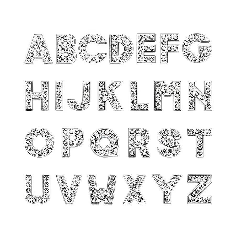10 pack rhinestone alphabet slide charms for 8mm pet collars. DIY silver letter initials for personalized dog accessories.