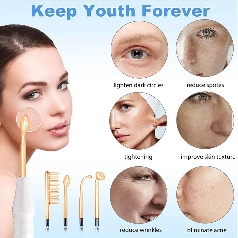 High-frequency facial wand with four glass electrode attachments, shown in use for skin tightening and acne treatment.