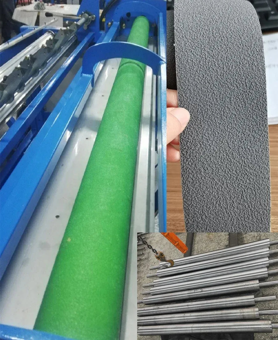 Black anti-slip tape strip being applied to rollers, textured grip surface