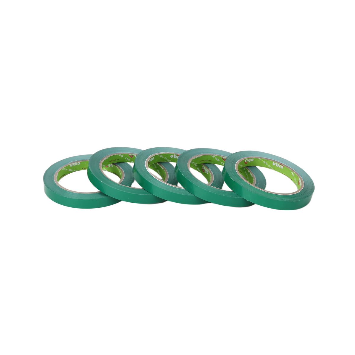 Several green single-sided PVC adhesive tape rolls, stacked with visible printed cores