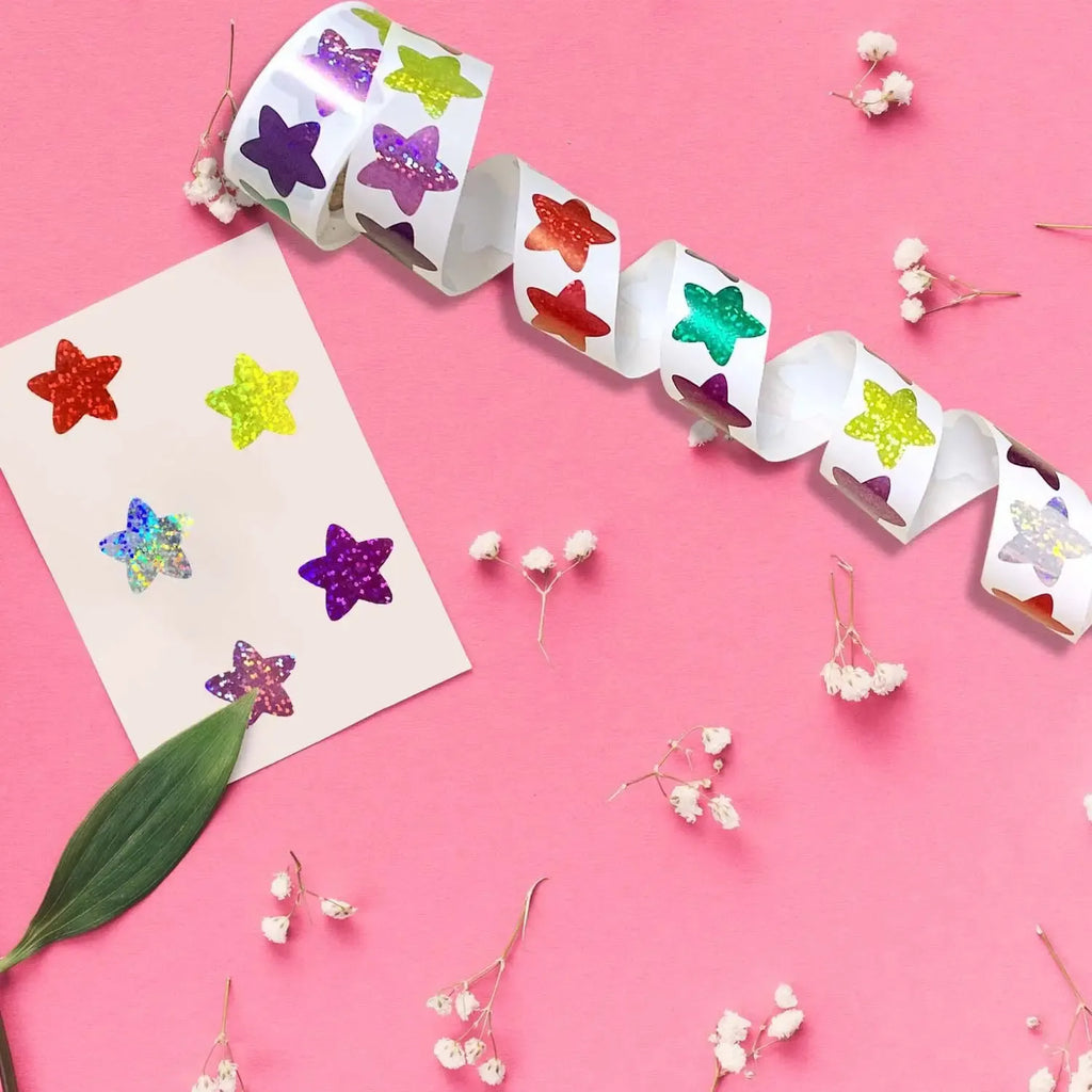 Holographic glitter star sticker sheet with multicolor star shapes