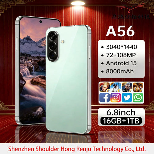 A56 5G smartphone, mint green back and dark front display, triple rear cameras