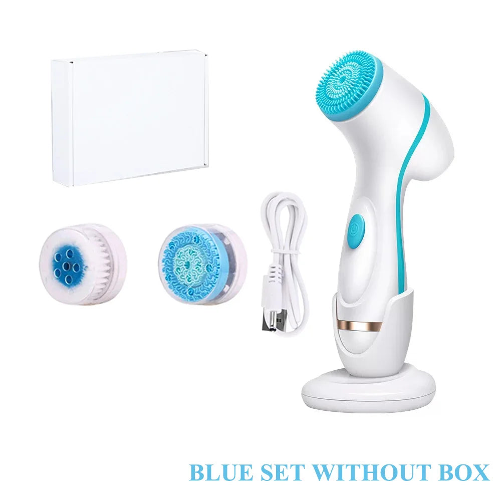 Sonic facial cleansing brush set with blue silicone heads, charging stand, and USB cable for deep skin exfoliation.