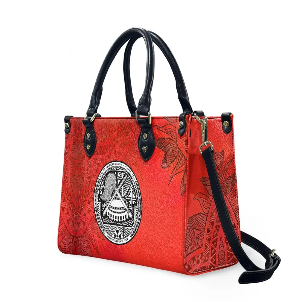 Red leather handbag with black handles, Samoan tribal floral print, and the American Samoa seal emblem.