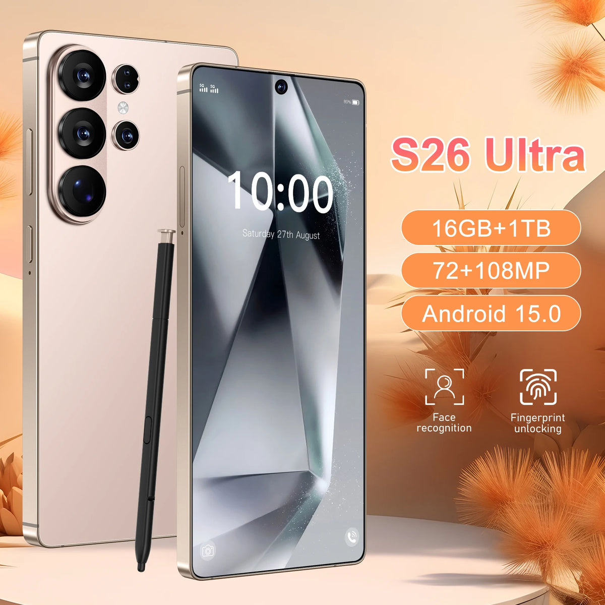 Champagne gold smartphone with stylus, front screen and rear triple cameras visible