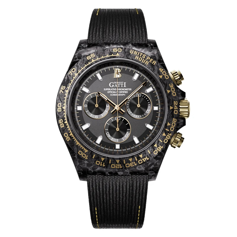 Automatic Mechanical Chronograph Watch Carbon Fiber Speedometer Ring 1600 Degree Sintered High Hardness Luminous