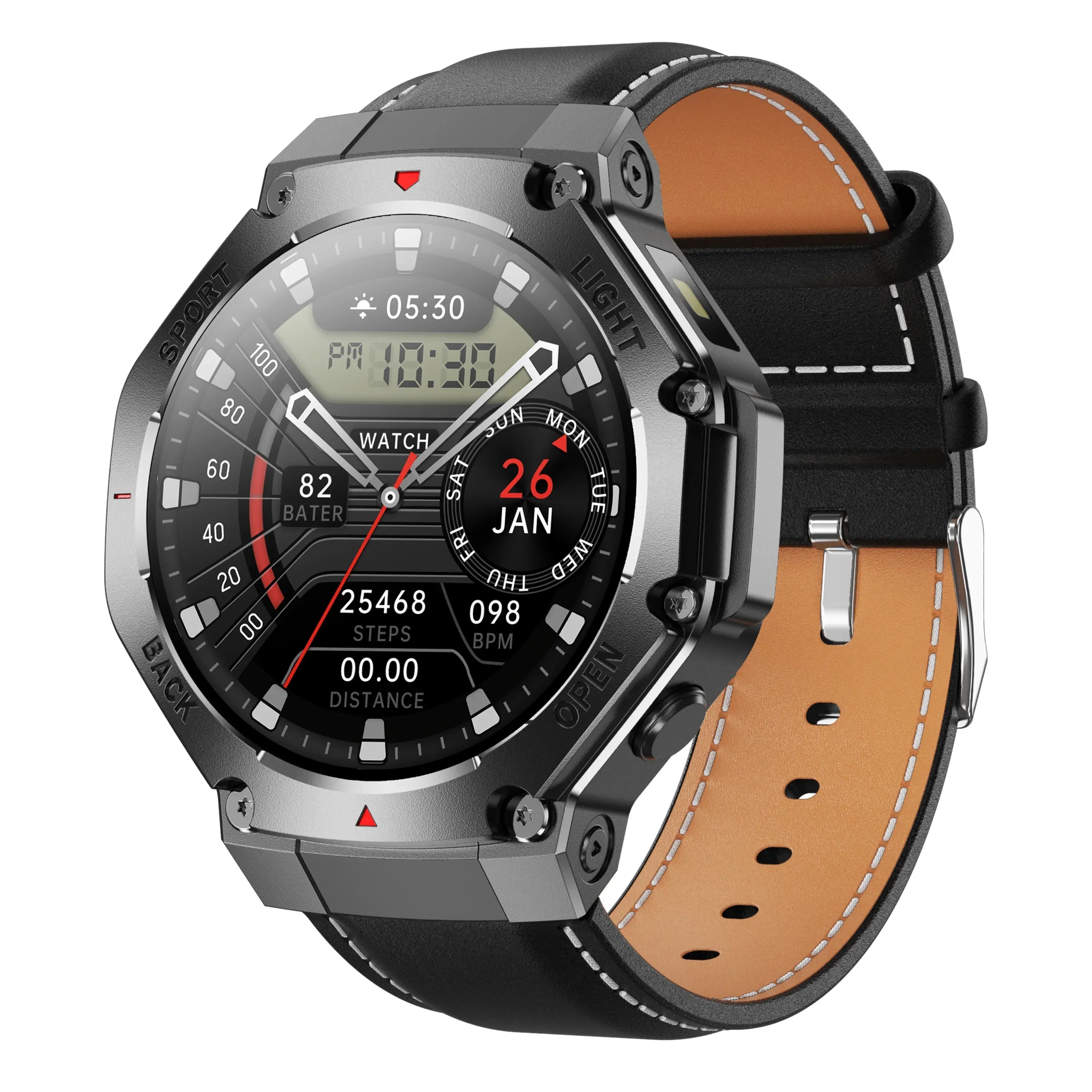 Men Outdoor Sports Smartwatch - 1.53 Inch Fitness Tracker & Heart Monitor Black leather My Store