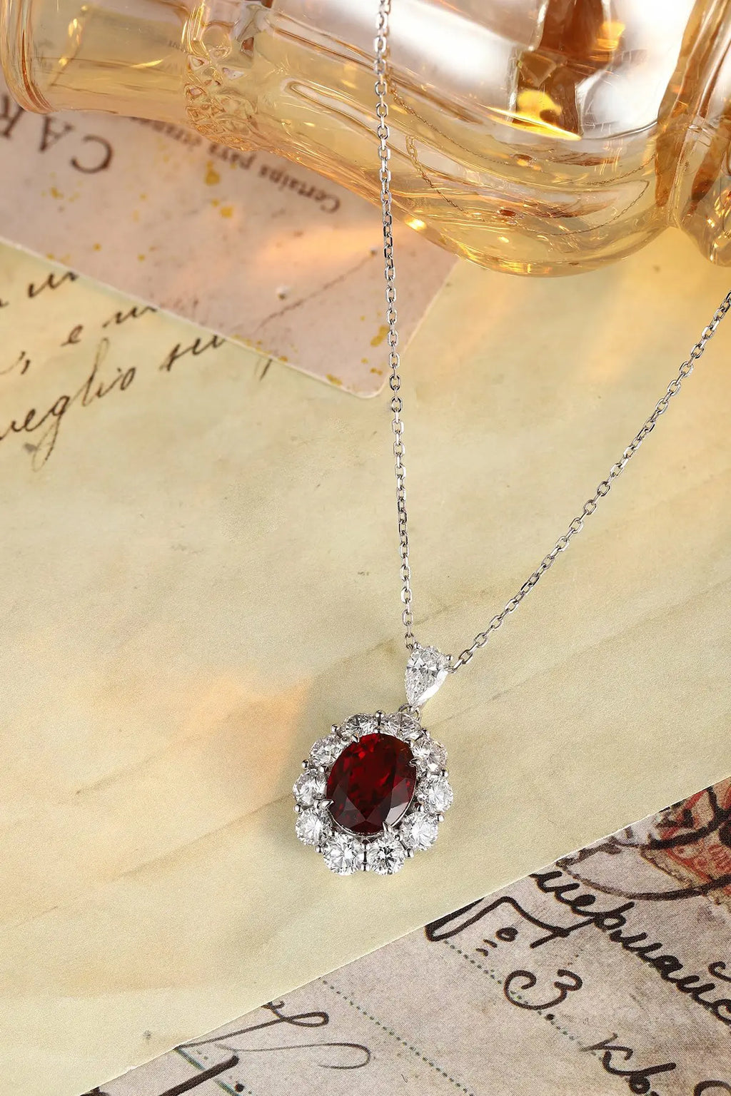 Lanphear Jewelry PT950 Platinum Four-Prong Claw Setting Necklace-Oval Cultured Ruby & Cultured Diamond for Gift, Anniversary