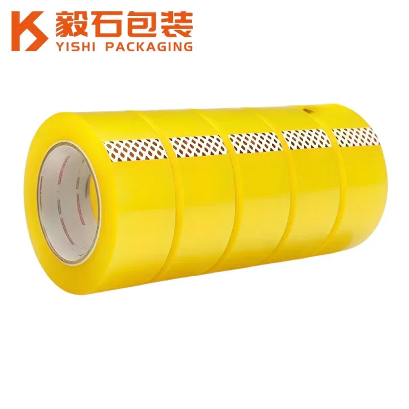 Yellow packing tape roll with printed inner core, 48mm wide single-sided adhesive