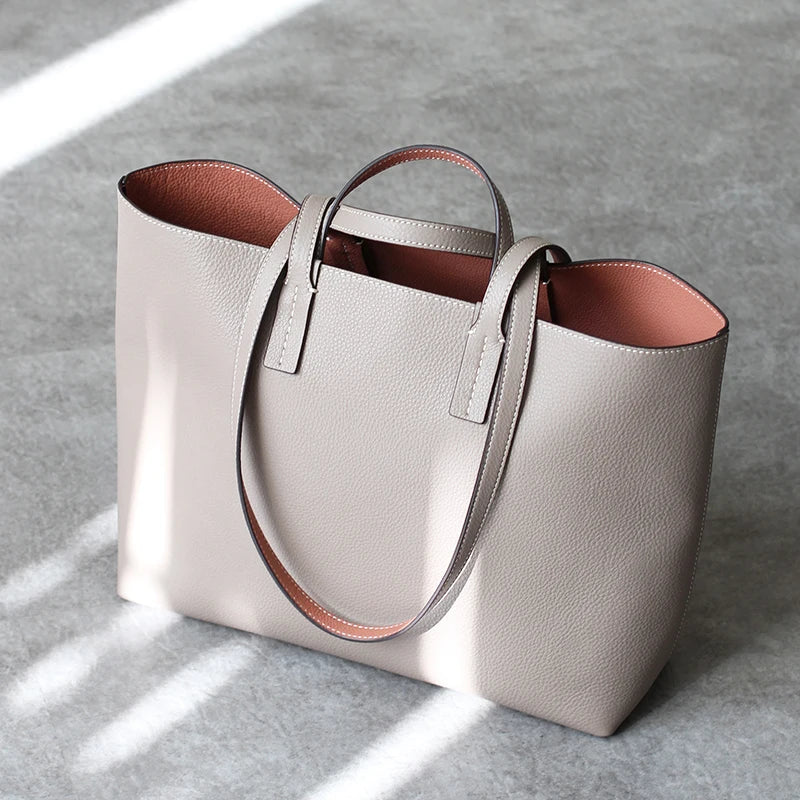 Women Luxury Genuine Leather Tote Soft Cowhide Handbag Two Sides Available Using Shoulder Bags Versatile And Durable