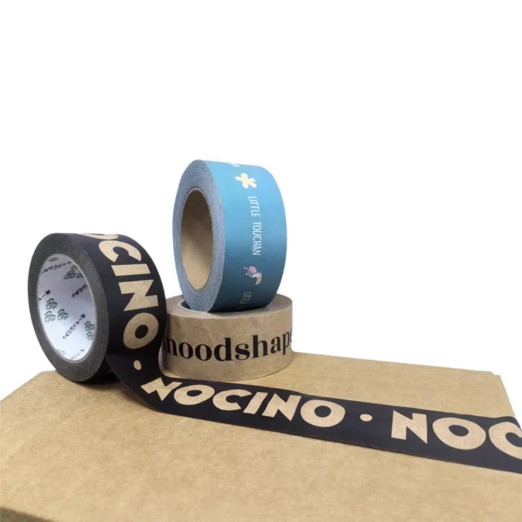 Blue and black printed kraft paper tape rolls with visible branding text