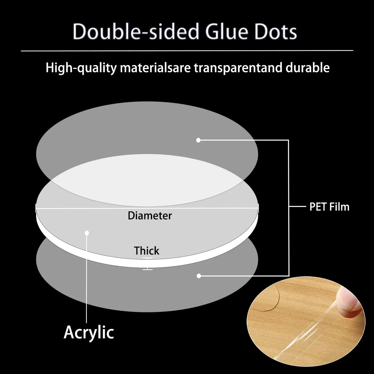 Transparent double-sided glue dots diagram with diameter and layered PET film construction