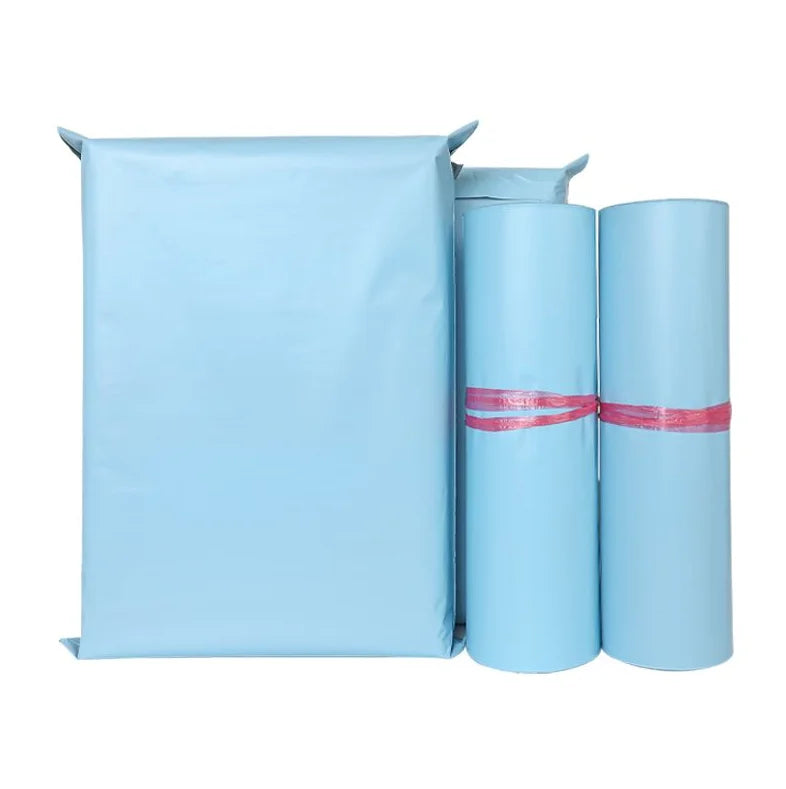 Light blue waterproof poly mailer bag with matching roll bundles