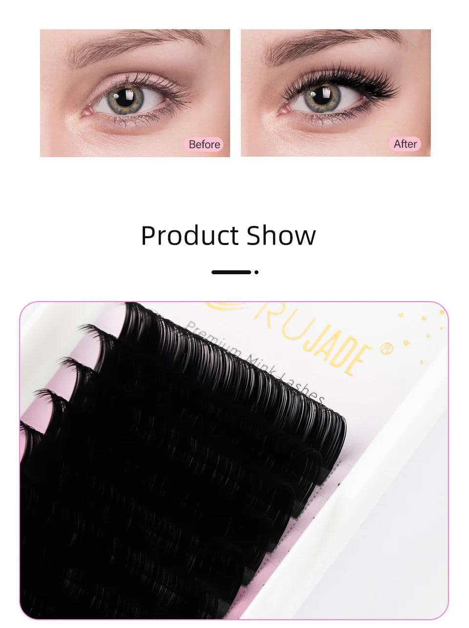 Before-and-after of an eye with black Russian volume silk eyelash extensions on a tray labeled RUJADE.