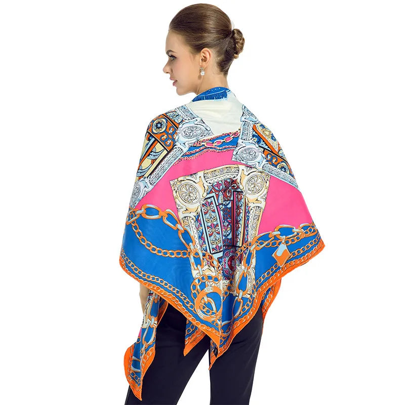 Twill Silk Feeling Scarf for Women 130*130 cm Euro Design Fashion Leopard Chain Print Square Scarves Luxury Gift Large Shawls