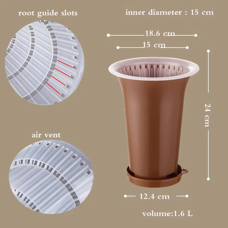 Brown plastic flower pot with air vents, double-layer base for orchids, high waist design.
