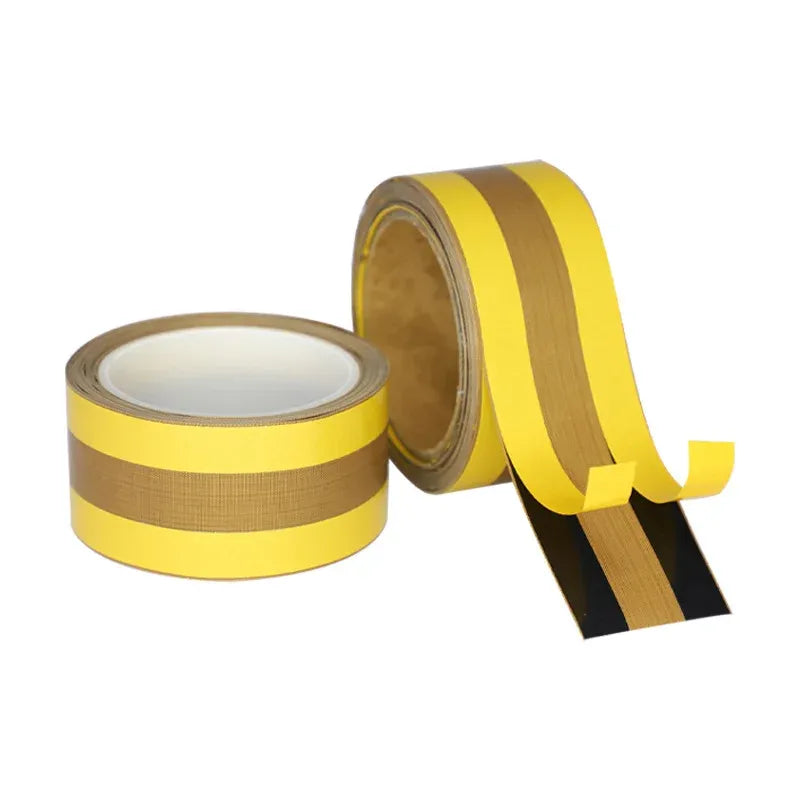 Yellow PTFE glass cloth tape rolls with brown backing and adhesive top surface