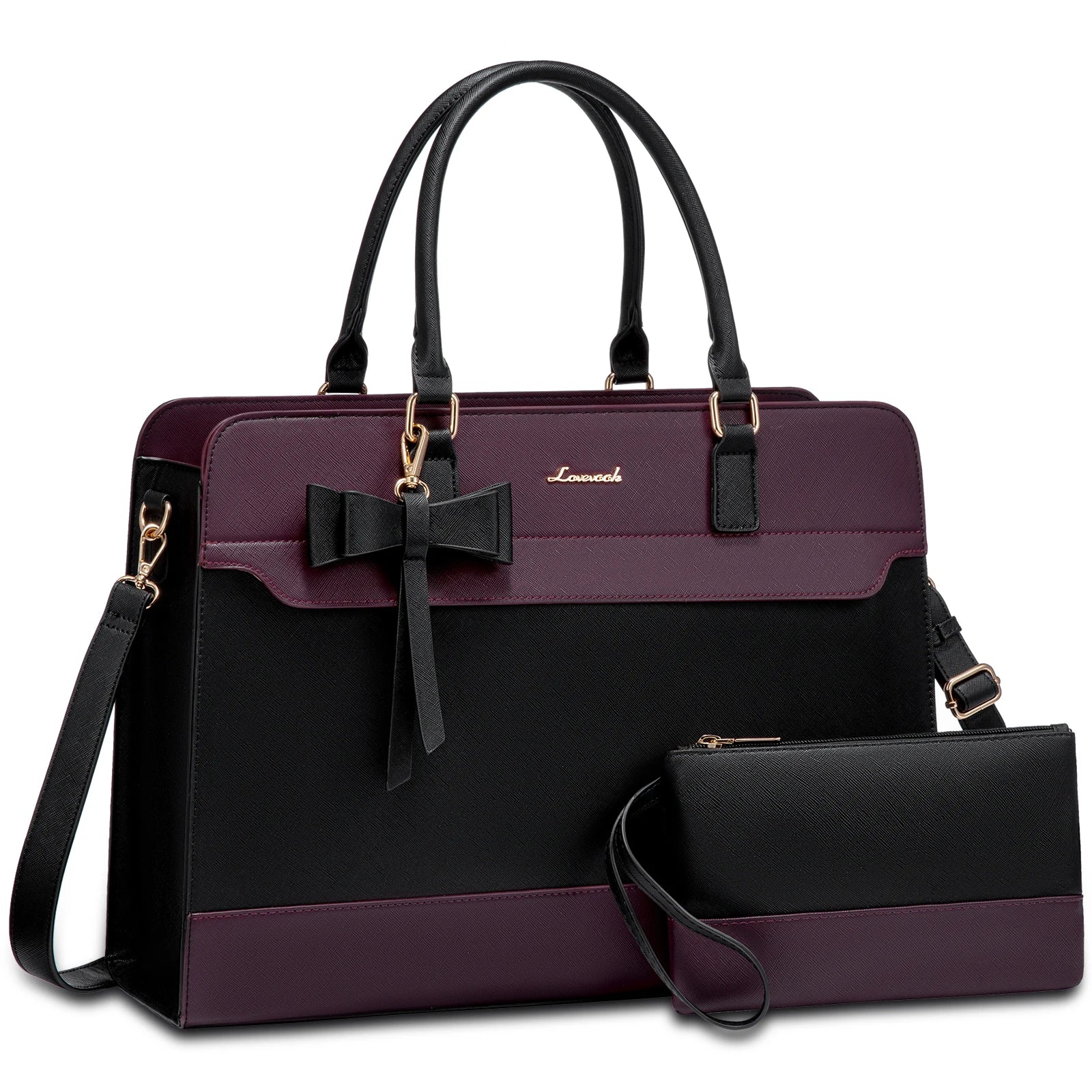 LOVEVOOK black and burgundy designer laptop tote with bow charm, waterproof office shoulder bag for 15.6in laptop.