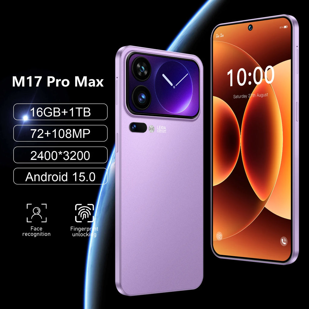M17 Pro Max 5G smartphone 7.3 inch 120Hz display with 108MP camera and 7000mAh battery, gallery view 3