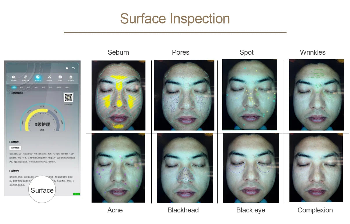 2025 Magic Mirror 3D digital facial analysis machine showing AI skin diagnostics for acne, pores, wrinkles, and sebum.