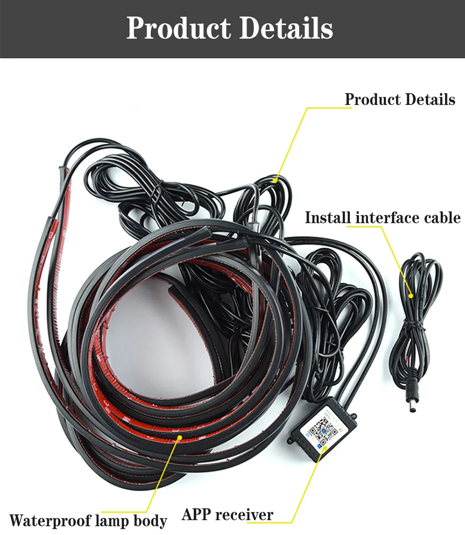 Coiled black LED light strip with red adhesive backing, app receiver box, and power cable for vehicle lighting.