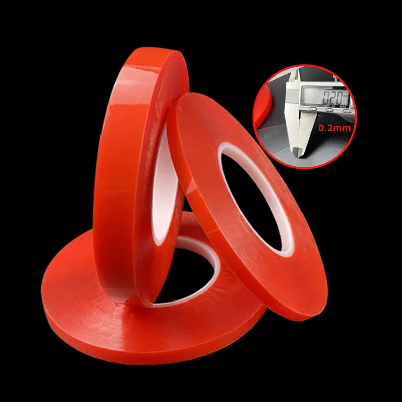 Two red double-sided tape rolls with white inner release backing