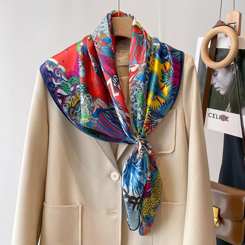 Women Italian 100% Real Mulberry Silk Scarf 90*90cm Silk Mulberry Shawl Fashion Print Headscarves Neck Scarves