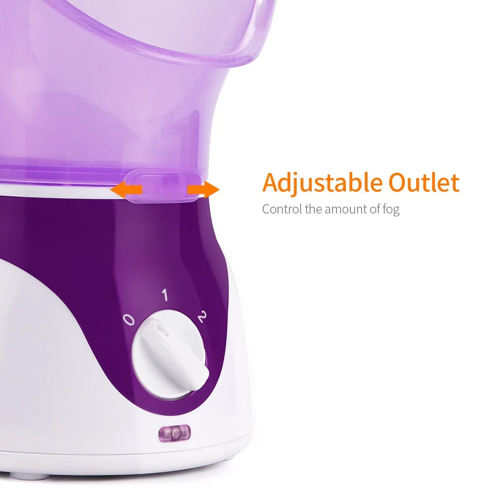 Purple facial steamer machine with adjustable fog outlet and two-speed power dial for home spa skin moisturizing.